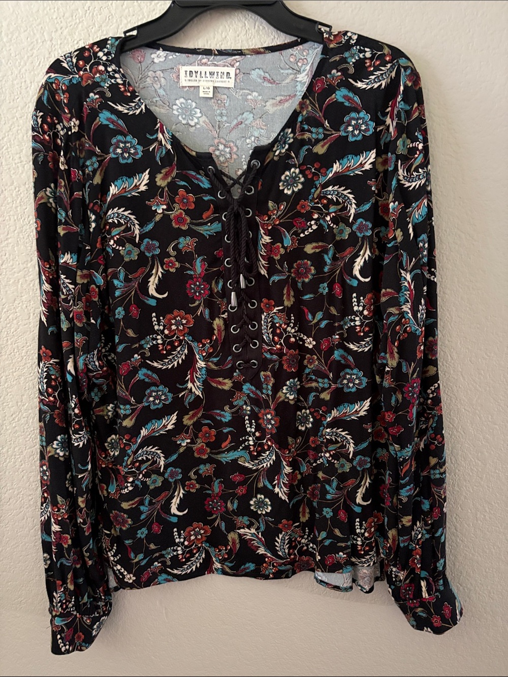 Black Floral Lace-Up Long Sleeve Top
